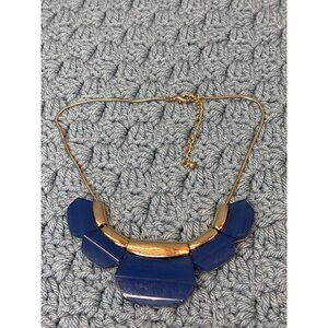 Goldtone Blue Plastic Statement Bib Necklace Serpentine Chain 16-19 inches Long